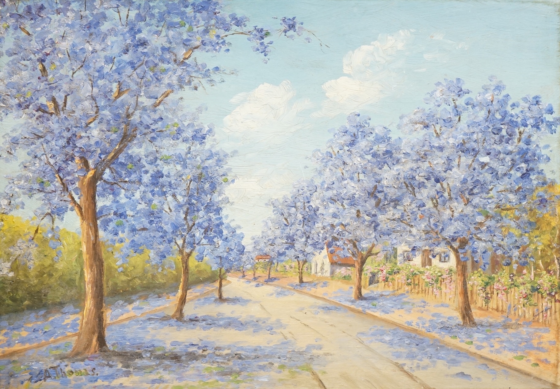 A. Thomas, Suburban street scene, signed, Impressionist on board, 28 x 40cm